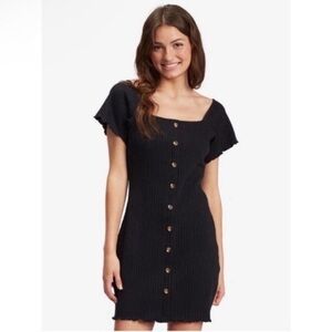 ROXY Sandy Hills Mini Dress Size Medium Black Ribbed Bodycon Button Front Casual